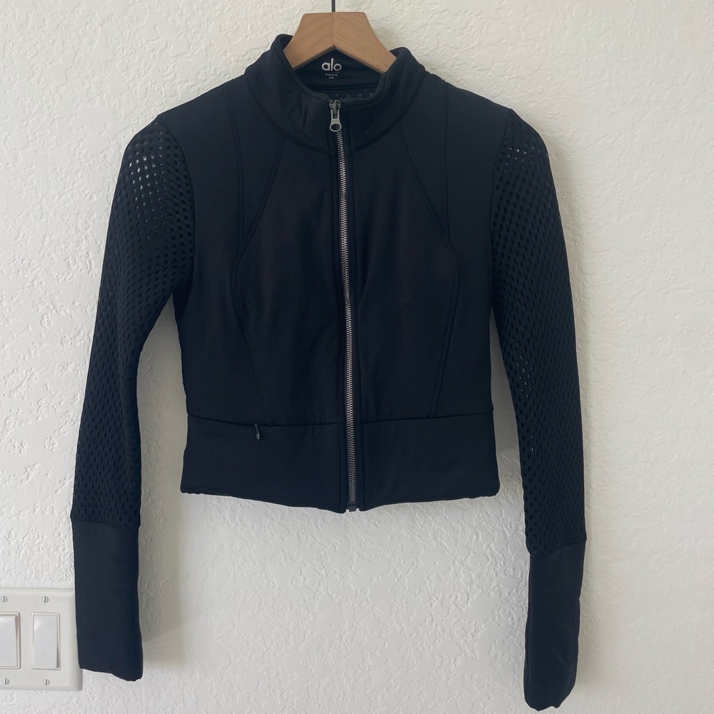 ALO Yoga Black Bomber Jacket with Mesh Sleeves